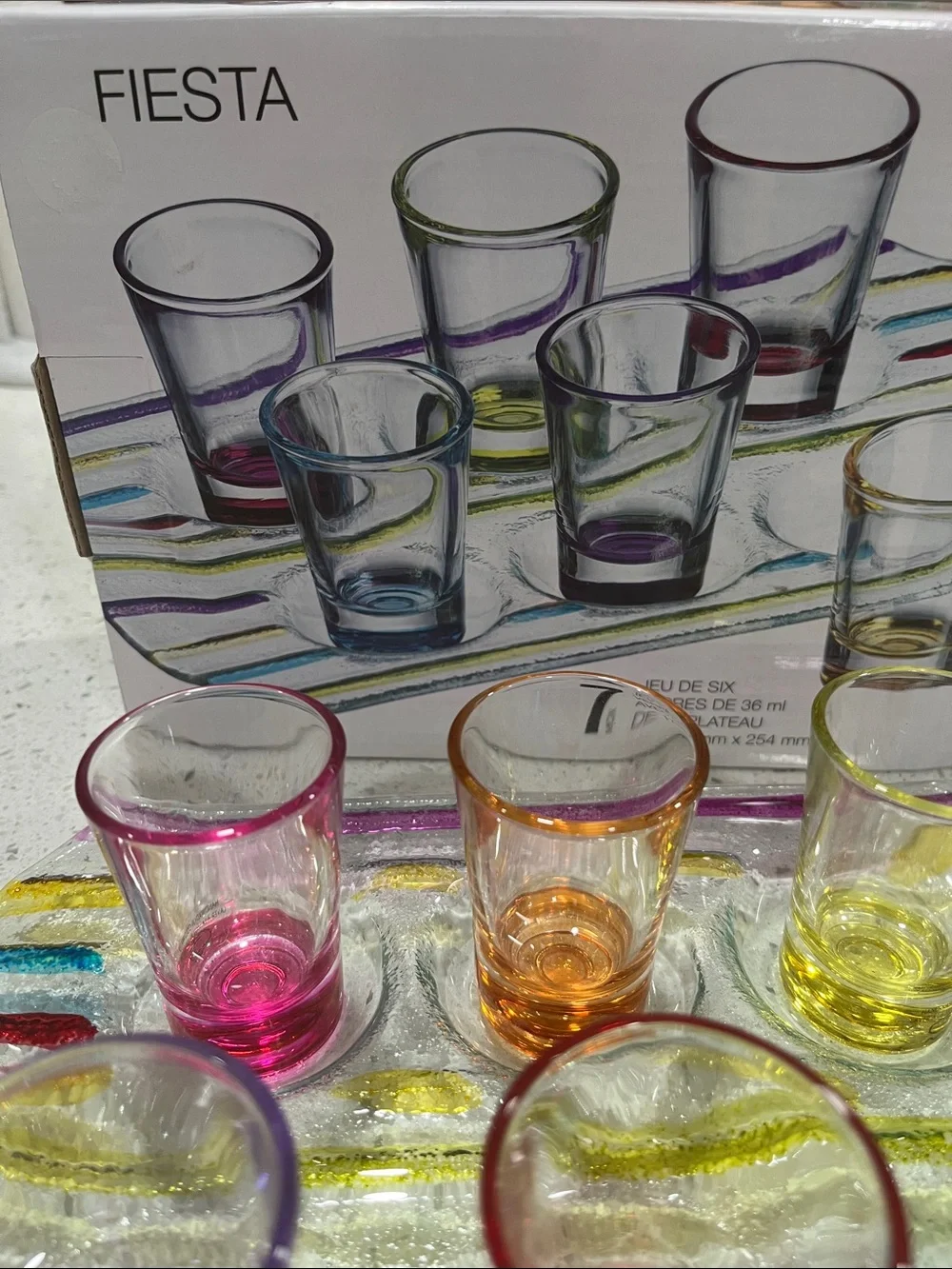 Fiesta Colorful Glass Shot Glass Set with Striped Serving Tray NIB 7 pc set